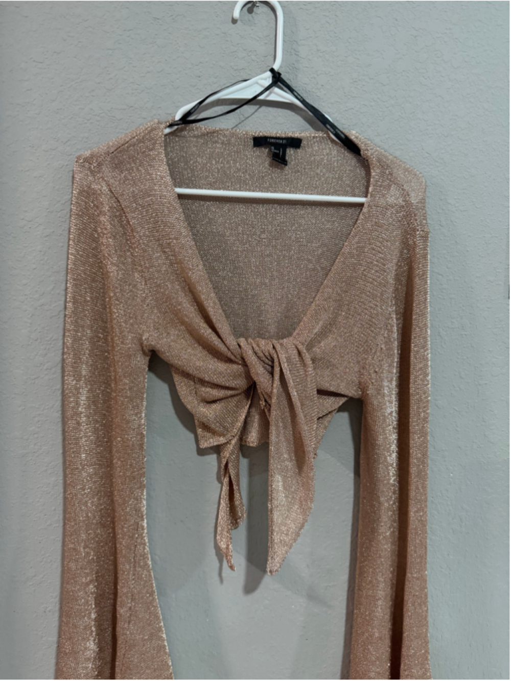 Women's Forever 21 Gold Metallic Tie-Front Cardigan Size L